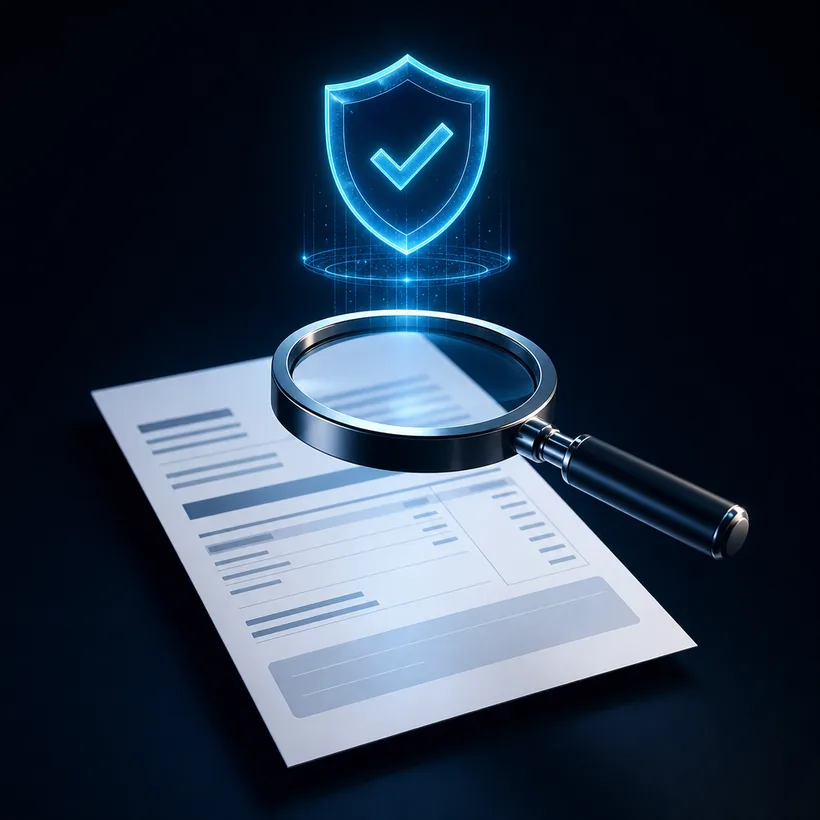 Document under forensic inspection with verified shield